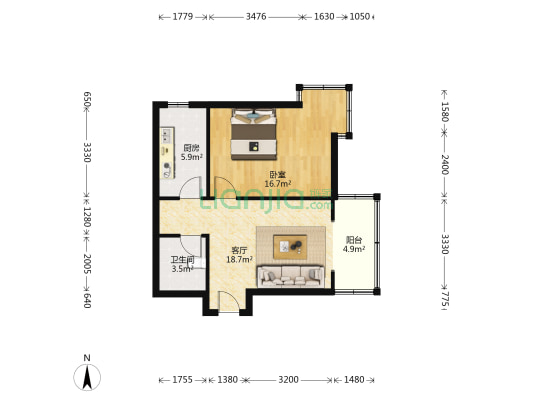 正规一居室 东南向 采光视野好-户型图