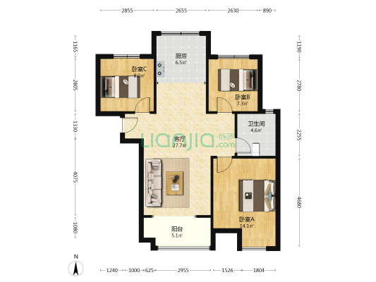 南北通透3居全明格局，百米楼间距。-户型图