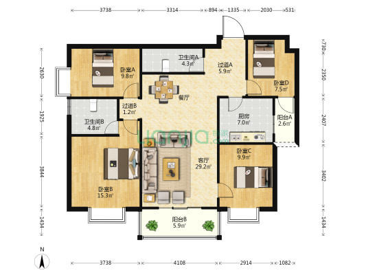 金恒财富广场 4室1厅2卫 132平方