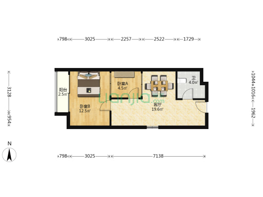 万众新世界广场 2室1厅1卫 65平方