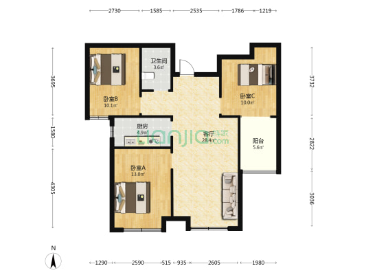 怡景华府 3室1厅1卫 108平方