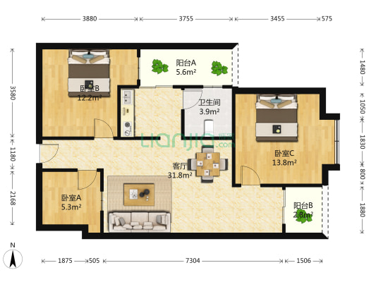 东豪苑 3室1厅1卫 88平方