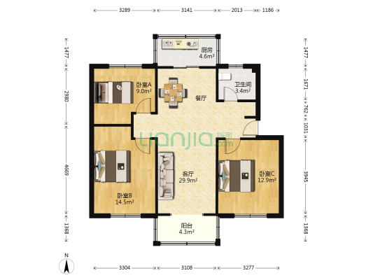 戒毒所宿舍楼 3室1厅1卫 90平方