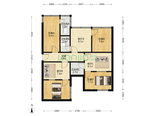 华夏花园 4室3厅3卫 92平方