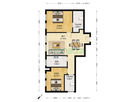 祥云名轩 2室1厅2卫 110平方