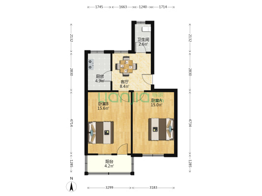 农行宿舍 2室1厅1卫 64平方