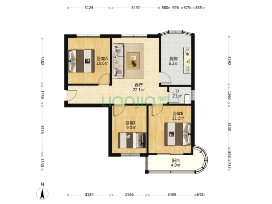 广西电网公司北院生活区 3室1厅1卫 85平方