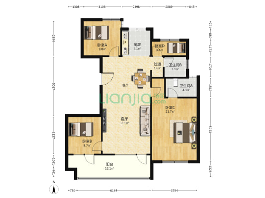 旭辉银盛泰星河城 4室1厅2卫 129平方