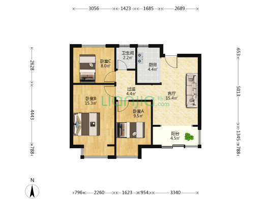建滔菁庭 3室1厅1卫 88平方