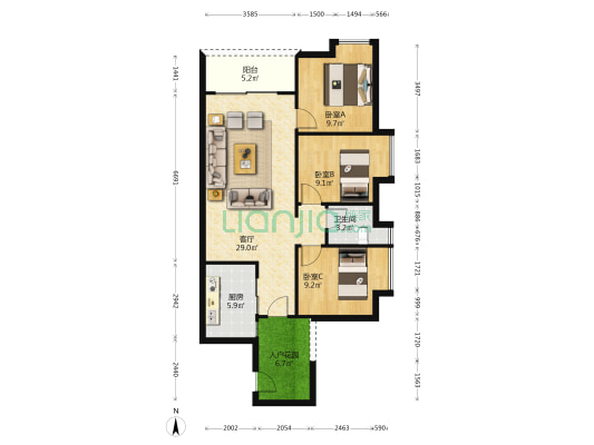 光明村 3室1厅1卫 91平方