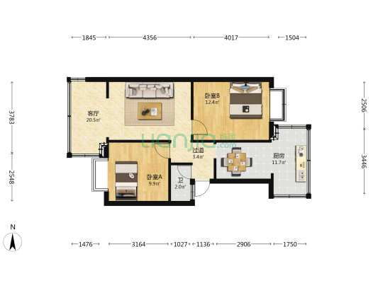 云南省粮油科研所宿舍 2室1厅1卫 62平方