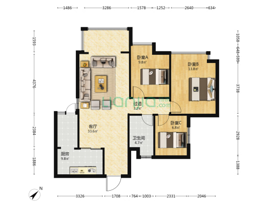 川大与文里 3室1厅1卫 99平方