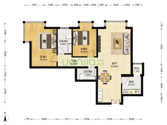 西成忆树 2室1厅2卫 111平方