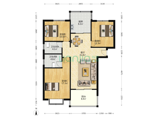 林荫河畔 3室1厅2卫 137平方