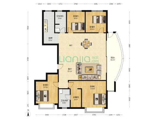 沣西逸园 4室1厅2卫 173平方