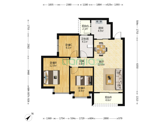 恒大御湖湾C区 3室1厅1卫 92平方