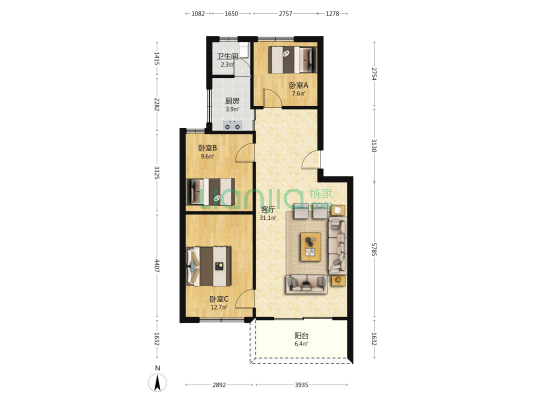 建设路南4号 3室1厅1卫 85平方