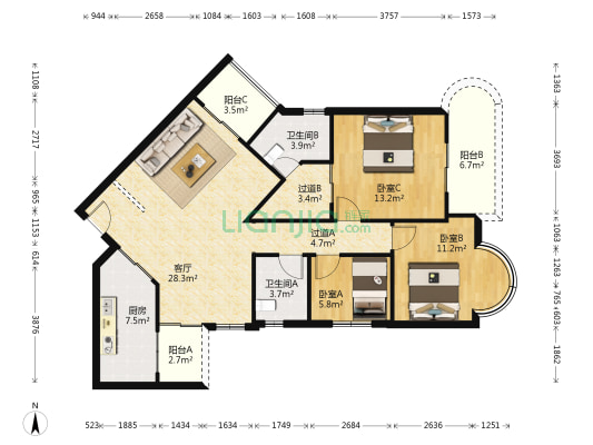 嘉逸华庭 3室1厅2卫 118平方