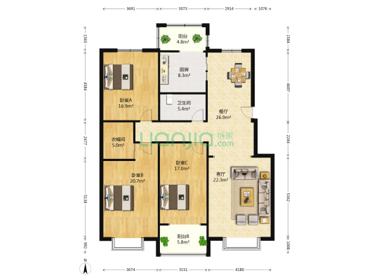 燕东秀府 3室2厅1卫 156平方