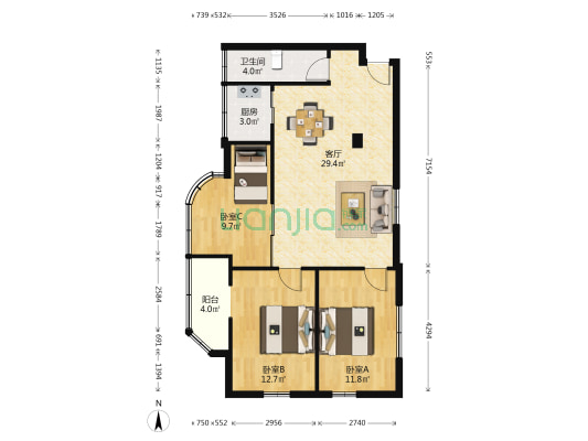 海马花园 3室1厅1卫 77平方