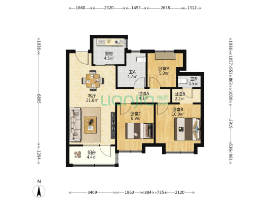 绿地国科润园 3室1厅2卫 95平方