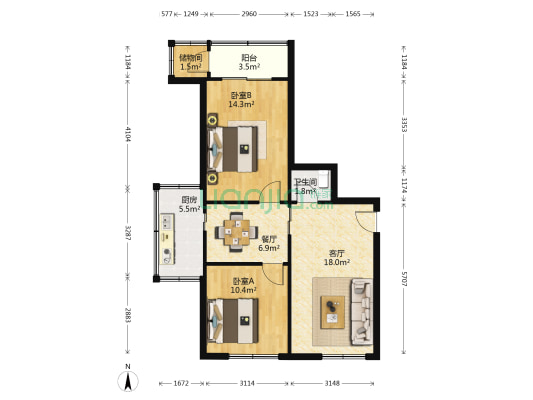 服务公司家属院 2室2厅1卫 67平方