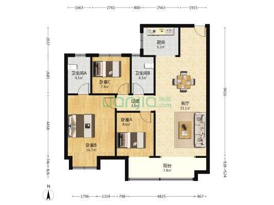 汇泰嘉园三期 3室1厅2卫 122平方