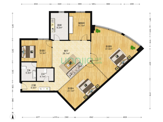 联丰大厦 3室1厅2卫 159平方