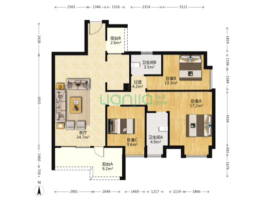 嘉信绿景花园 3室1厅2卫 116平方