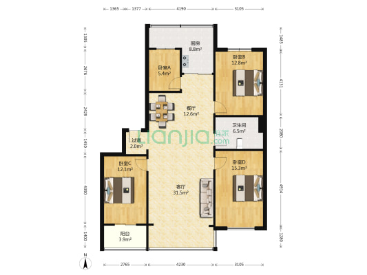 百和家园 4室2厅1卫 135平方