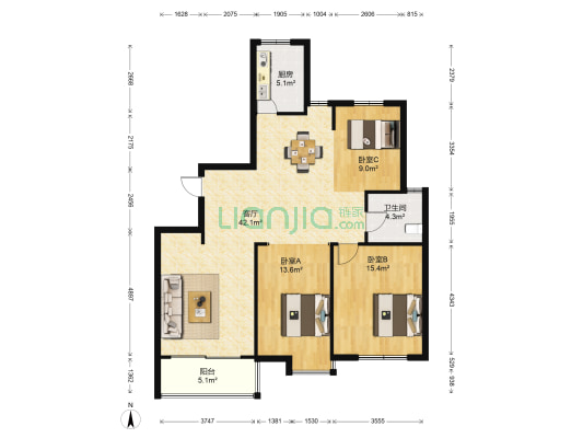 浮桥家苑三期 3室1厅1卫 133平方