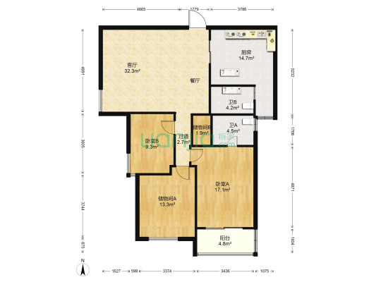 菊园 2室1厅2卫 137平方