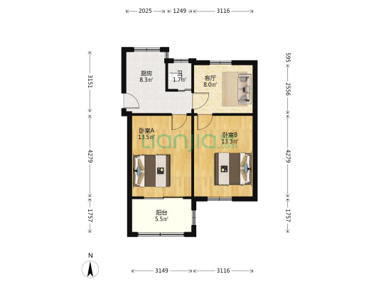 解放路36号 2室1厅1卫 57平方
