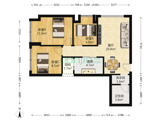 阳光100米娅中心二期 3室1厅2卫 74平方
