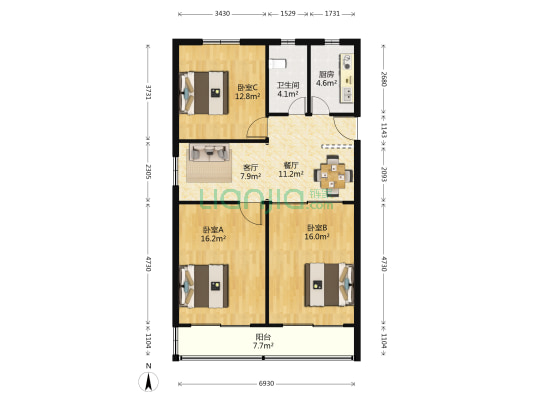 东方公寓(虹口) 3室2厅1卫 98平方