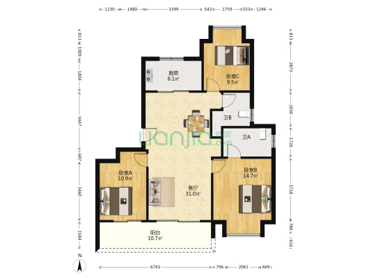 星湖泮 3室1厅2卫 120平方