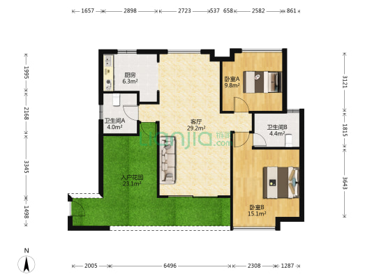 明丰东江府 2室1厅2卫 105平方