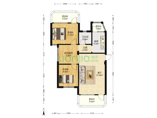南方电网宿舍楼 3室1厅1卫 85平方
