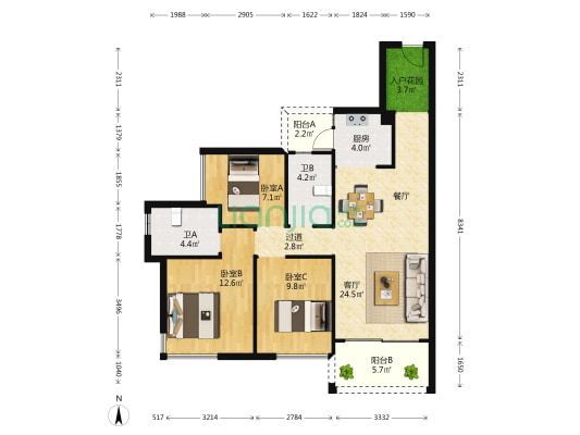 东尚峰景 3室1厅2卫 97平方