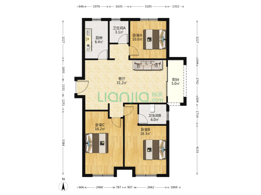 阳光美邻 3室1厅2卫 118平方