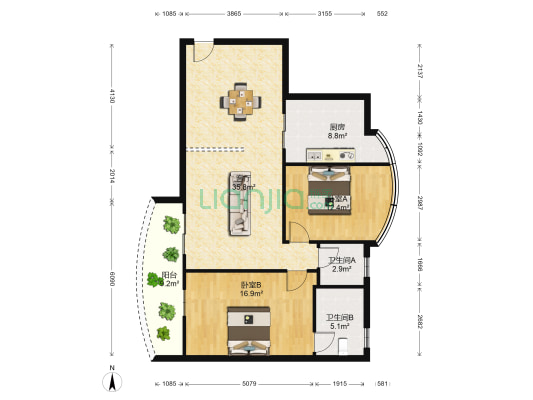 蓝月湾 2室1厅2卫 108平方