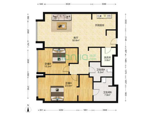 新地国际公寓 2室1厅2卫 143平方
