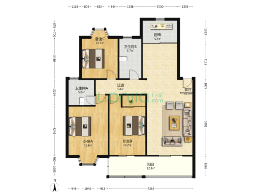 家和花园 3室1厅2卫 132平方