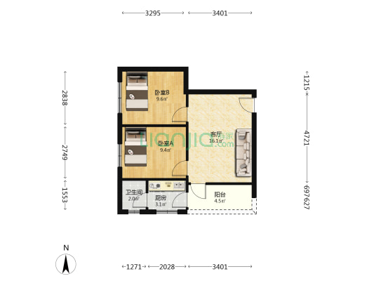 旺城花苑 2室1厅1卫 55平方