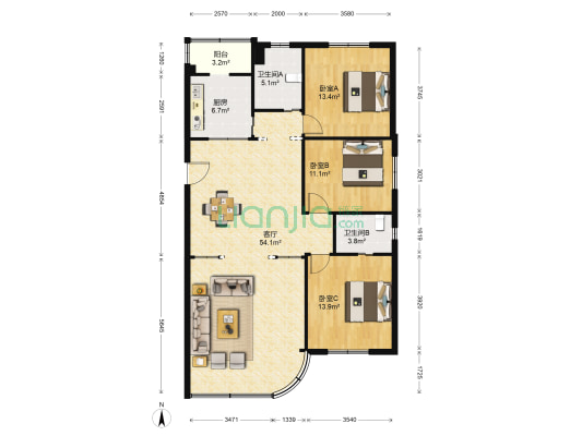 高塘花园 3室1厅2卫 122平方