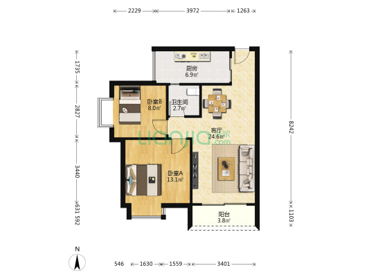 黄泥塝红旗河沟双轻轨正规大二房，住家装修，看房方便-户型图