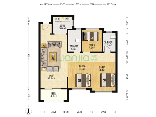 红星天铂 3室1厅2卫 96平方