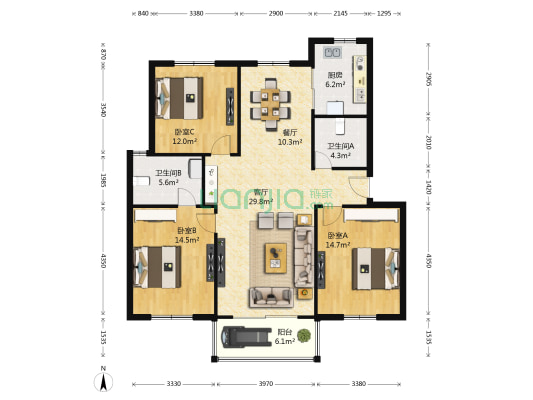 大公小区第七期 3室2厅2卫 122平方