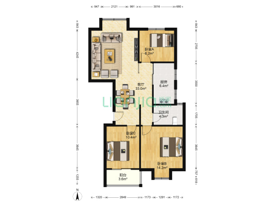 锦湘国际星城二期 3室1厅1卫 105平方
