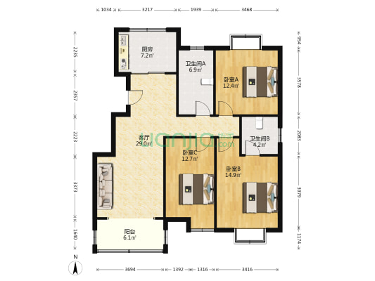 恒通花园 3室1厅2卫 118平方